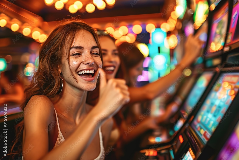 Smiling women clad in stylish casino attire enjoy the thrill of the slot machines in an indoor gambling house Smiling women clad in stylish casino attire enjoy the thrill of the slot machines in an indoor gambling house