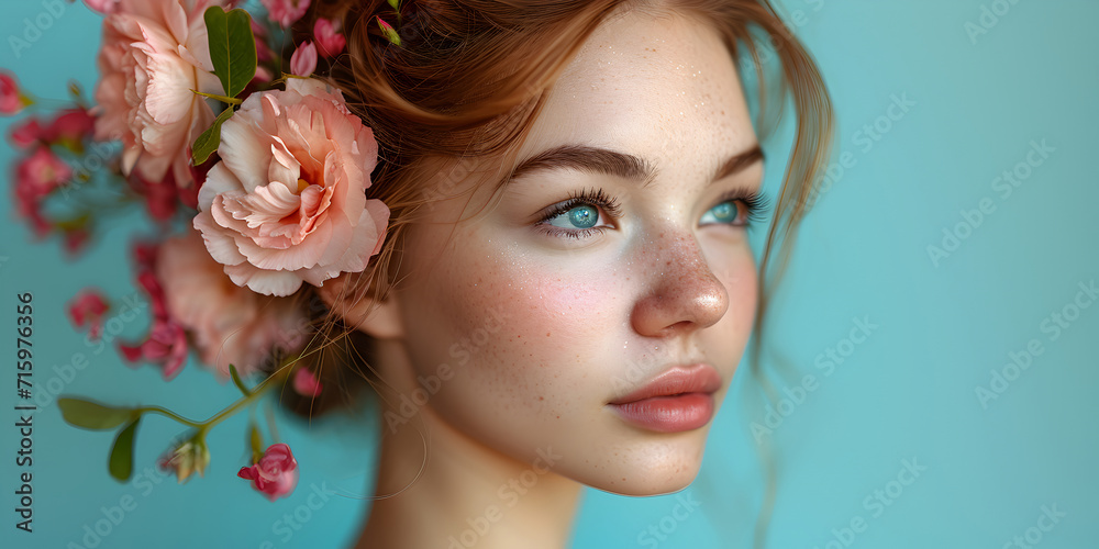 Female portrait in profile with spring and summer flowers in her head hair, on pastel blue background. Creative International Women's history month day banner with copy space.