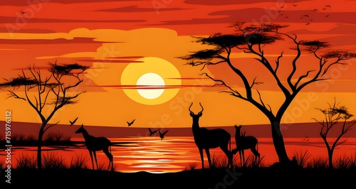 AI generated illustration of a herd of antelope gathered together at sunset