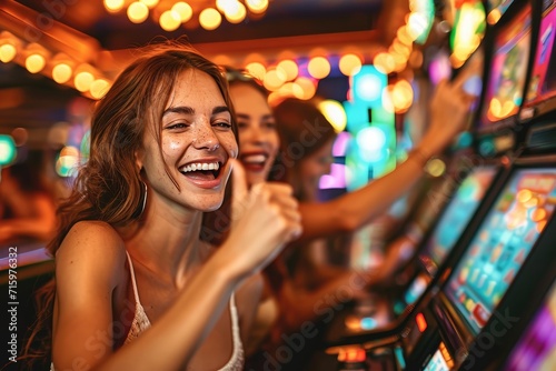 Smiling women clad in stylish casino attire enjoy the thrill of the slot machines in an indoor gambling house