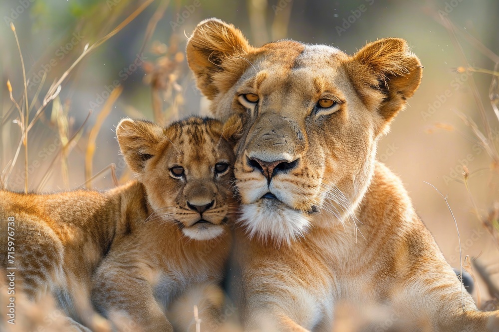 Fototapeta premium A majestic masai lion and her curious cub share a peaceful moment in the african grasslands, showcasing the bond between mother and child in the wild