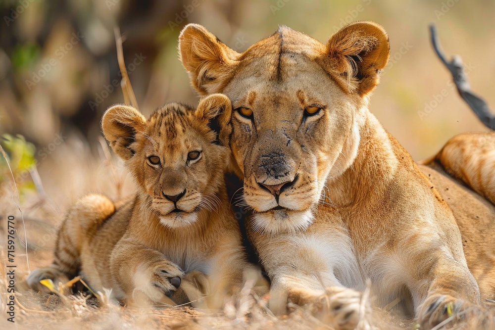 A majestic masai lion and her curious cub rest peacefully in the wild grass, embodying the strength and beauty of the animal kingdom A majestic masai lion and her curious cub rest peacefully in the wild grass, embodying the strength and beauty of the animal kingdom