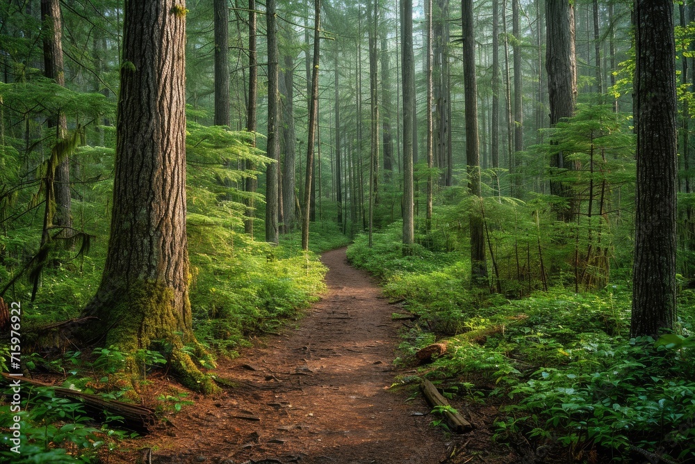 A winding trail through an oldgrowth forest, surrounded by lush vegetation and towering trees, leading to a tranquil grove in the heart of a natural landscape