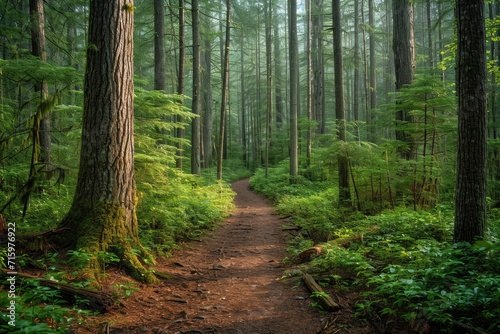A winding trail through an oldgrowth forest, surrounded by lush vegetation and towering trees, leading to a tranquil grove in the heart of a natural landscape