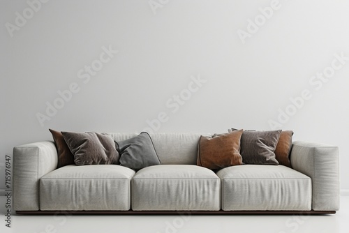 Livingroom interior wall mock up with gray fabric sofa and pillows on white background with free space on right. 3d rendering. photo