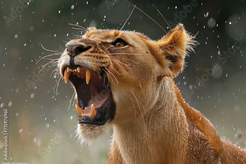 A majestic lion's fierce roar echoes through the rain, embodying the untamed spirit of the wild and the beauty of a powerful terrestrial mammal