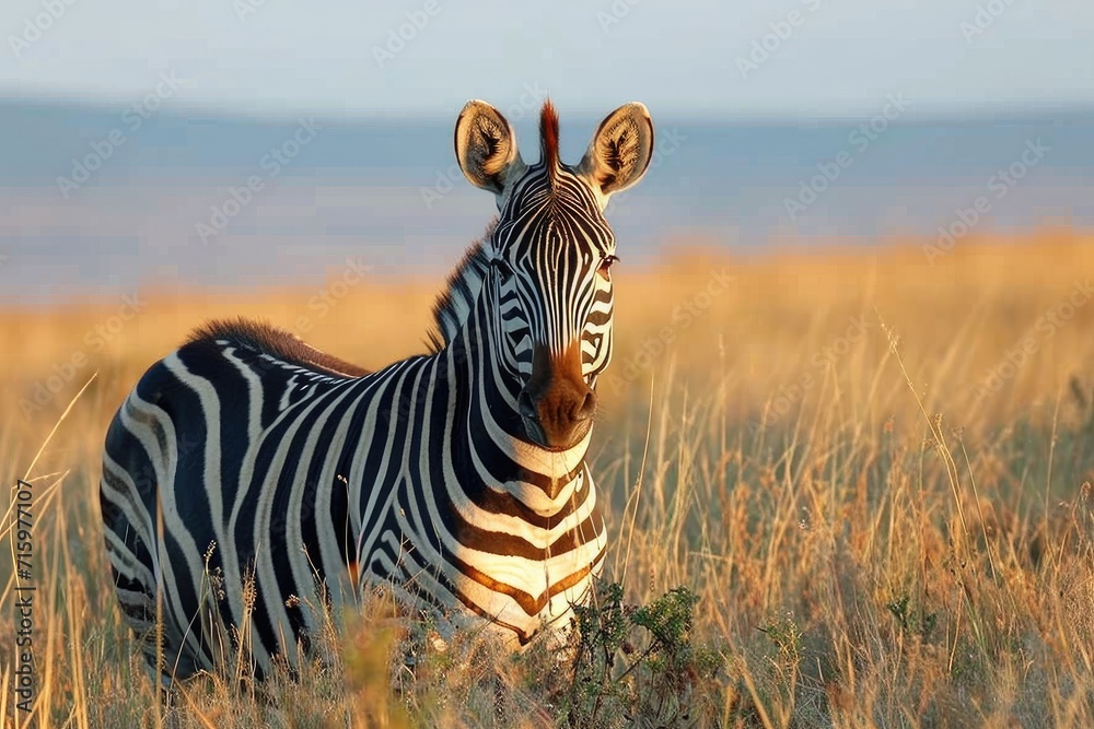Obraz premium A majestic zebra stands tall amidst the vibrant green grass of the savanna, embodying the wild beauty of this terrestrial mammal in its natural habitat