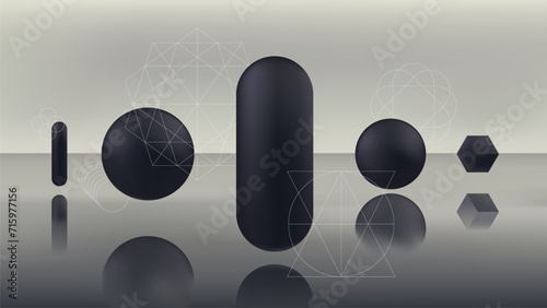 Black volumetric geometric shapes hover over the gray surface of water, abstract gradient vector background, Halftone minimal covers design