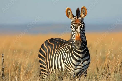 A majestic zebra stands tall amidst the golden grass of the savanna  a striking symbol of the untamed beauty of wildlife in its natural habitat