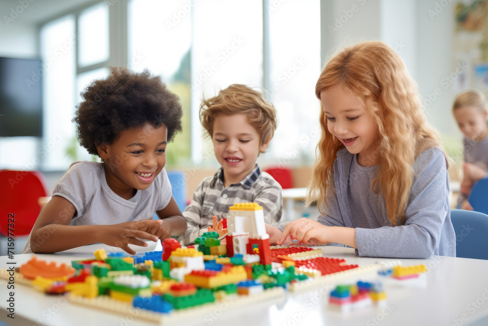 Diverse group of students studying in school classroom.Schoolchild Kids construct with blocks, learning technology basic. Robotic lesson for children. Educational hobby for multi-ethnic children Diverse group of students studying in school classroom.Schoolchild Kids construct with blocks, learning technology basic. Robotic lesson for children. Educational hobby for multi-ethnic children