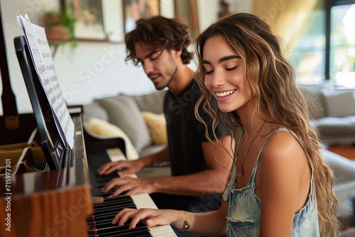 A joyful woman, clad in elegant attire, creates a symphony of love and passion on the ivory keys while her companion gazes adoringly at her, framed by the grandeur of a decorative wall