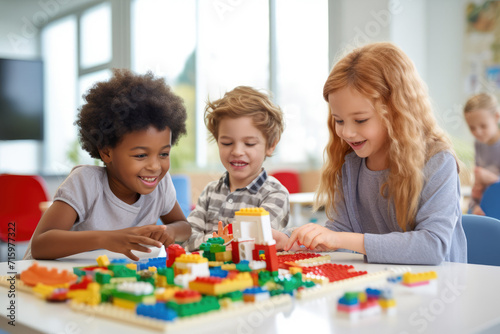 Diverse group of students studying in school classroom.Schoolchild Kids construct with blocks, learning technology basic. Robotic lesson for children. Educational hobby for multi-ethnic children