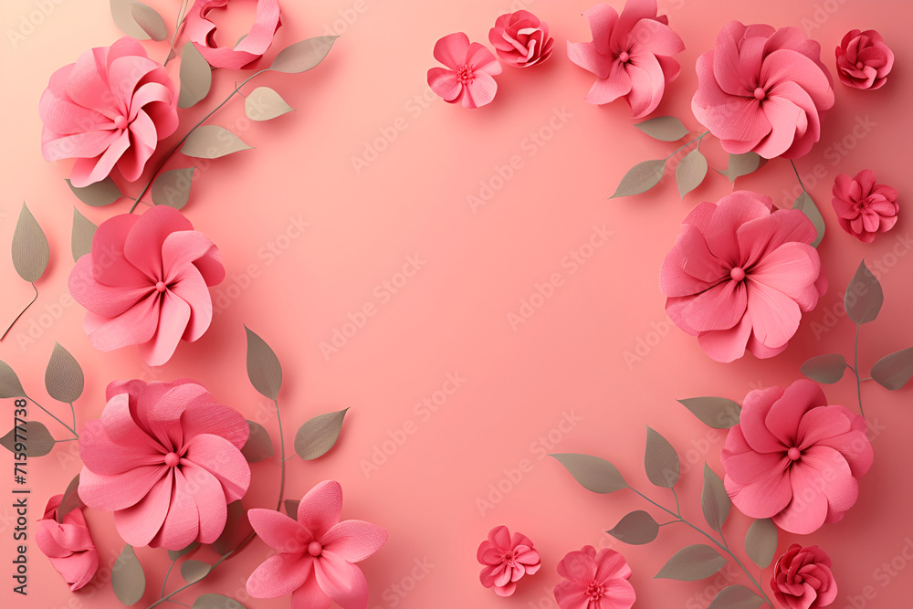 Background of pink paper flowers with empty space for text or greeting card design. Postcard for International Women's Day and Mother's Day.