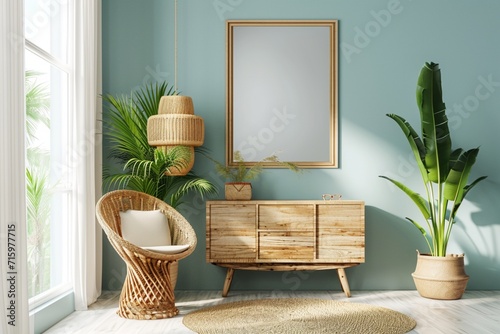 Modern bright living room in costal style, rattan chair and wooden furniture on light blue wall background, 3d render photo