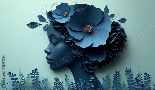 Profile of a beautiful african american woman with paper flowers in her hair. Dark grey on light grey. The concept of multiculturalism and tolerance