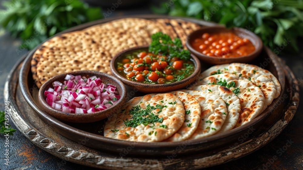 Traditional ritual Passover Seder plate featuring blur background