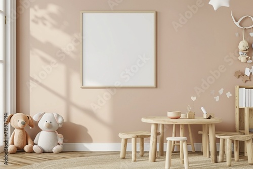 Mock up poster frame in children room with natural wooden furniture on beige background, 3d render photo