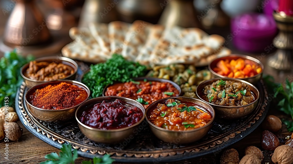 Traditional ritual Passover Seder plate featuring blur background Stock