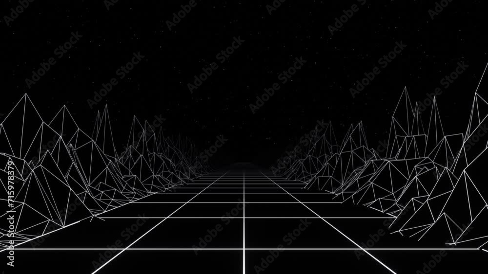 3d retro 80s 90s futuristic grey black and white landcape. VJ RETROWAY retrowave videogame neon low poly. mountains Terrain grid background. Loop animation 30fps 4k