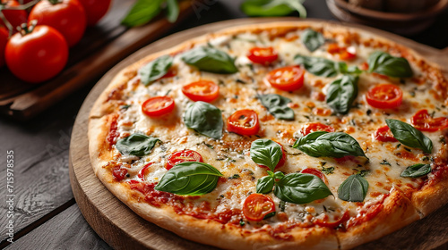 Pizza with mozzarella cheese, basil and tomatoes Traditional italian food. Classic recipe.