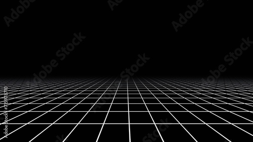 3d abstract black and white background. Retrowave retro way 80s 90s futuristic videogame sci-fi grey laser neon grid surface. Wireframe in dark space isolated black landscape.