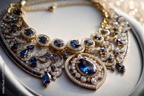 A luxurious golden necklace adorned with sapphires and diamonds photo