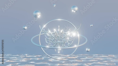 3d Abstract silver metal chrome shine glow bulb shape on blue background. Wavy ocean liquid surface. Morph hoops and planets in bright sky. Loop animation 30fps 4k