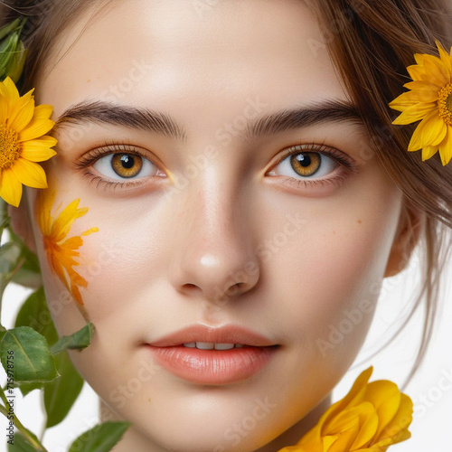 Close-up portrait of a woman looking at the camera. There are yellow flowers around the woman's head. Spring woman portrait