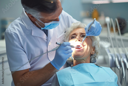 Male Dentist Adjusting Light for Senior Woman's Teeth Examination - Generative AI.