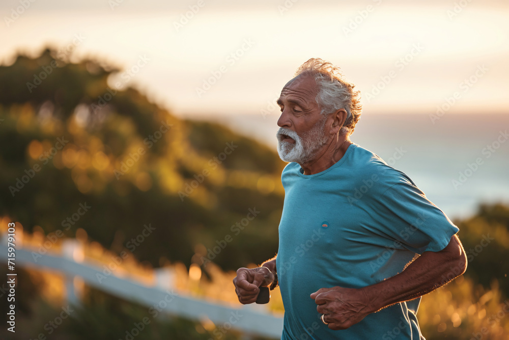 Senior Man Running for a Healthy, Longevity-Focused Lifestyle - Generative AI.