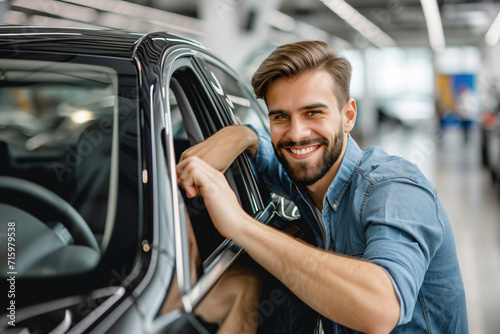 Happy Man Choosing and Entering a New Black Car in a Showroom - Generative AI. © Cevko