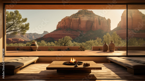 Beautiful and clean virtual background or backdrop for yoga, zen, meditation room space with serene and calm natural organic scenic outside desert red rock Sedona view #715979768