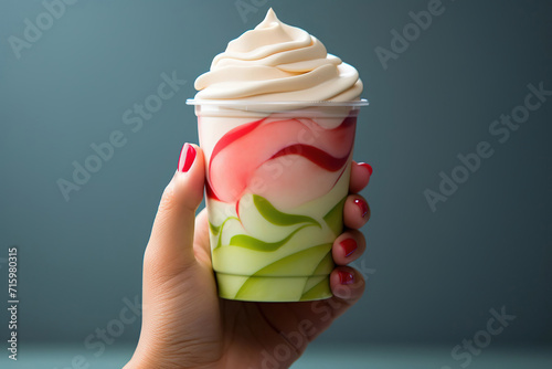 Woman holding plastic cup of strawberry matcha frozen yogurt or soft ice cream photo