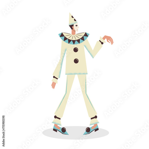 The character of the Venetian carnival is Piero. Crying clown from the circus. Masquerade costume of a sad harlequin. Flat vector illustration isolated on white background.