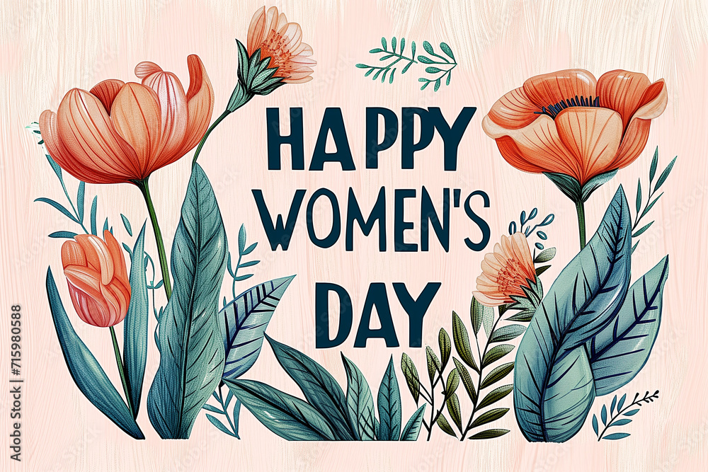 Happy Women's Day card with tulips. Vintage style. Generative AI