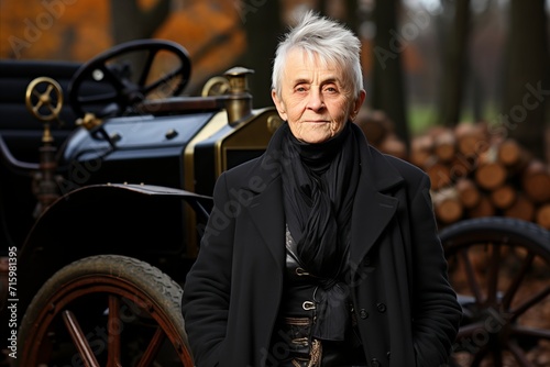 Elderly woman in black clothes next to a vintage car.
