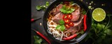 Vietnamese and Asian cuisine. Pho Bo traditional Soup with beef on dark backround. Close up. Generative ai
