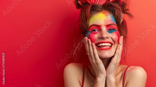 Playful young hipster woman with colorful make-up touching face and grimacing on red background