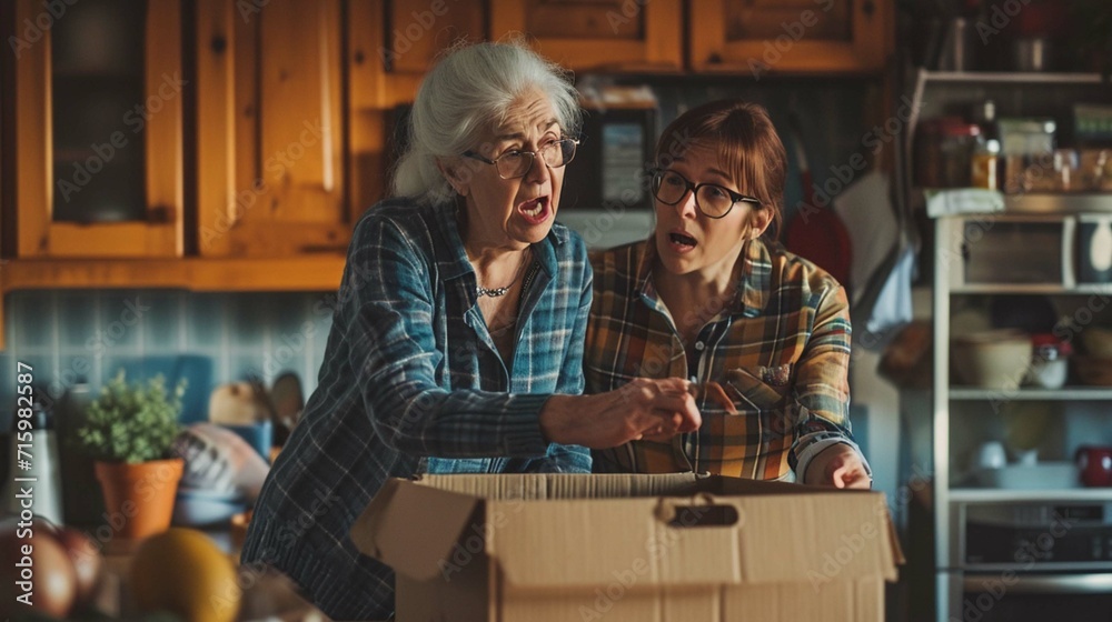 Surprised senior woman and her adult daughter unpacking box while standing at the domestic kitchen