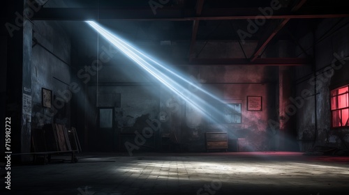 Abandoned industrial interior with neon light. 3D Realistic