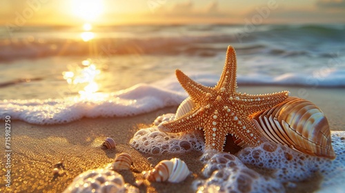 starfish and seashell on the summer beach in sea water. photo