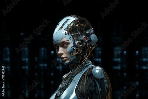 Metallic female robot head against a dark background, artificial intelligence concept.