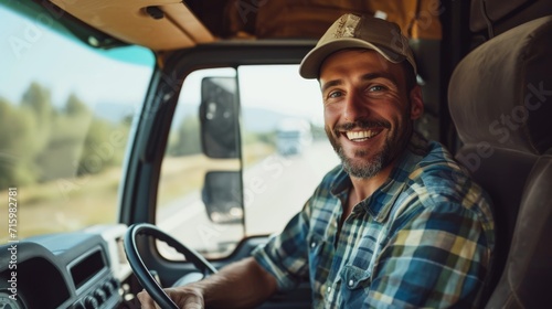 A happy truck driver sits comfortably in the cabin at the wheel, smiling confidently, capturing the essence of job satisfaction and the joy of the open road