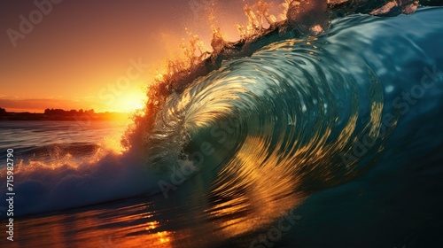 Golden sunset illuminating a powerful wave in the ocean