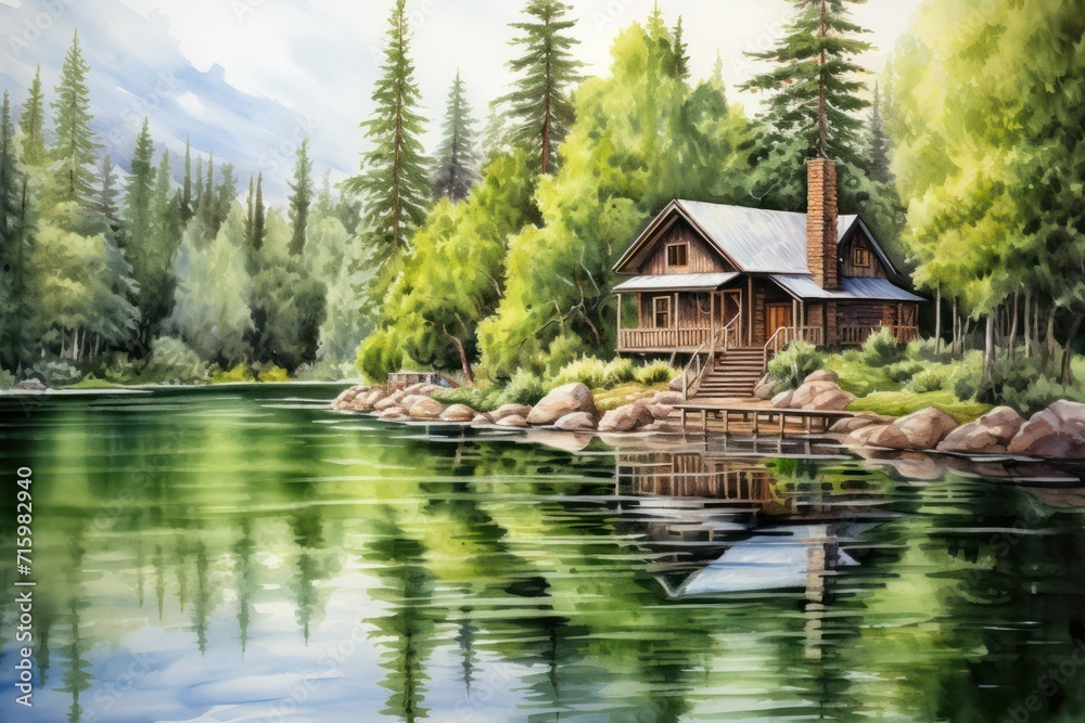 Fototapeta premium Serene cabin by a lake surrounded by lush green forest