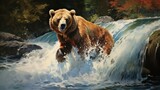 Big brown bear swimming in the river. Digital painting of a wild animal.