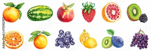 Illustration set of felt tip pen childlike drawings of fruit and nature isolated on white background. 