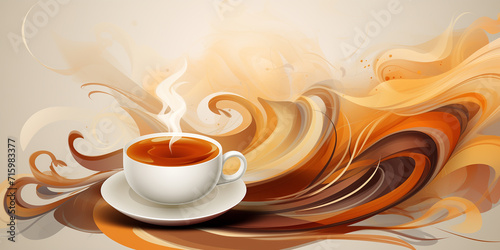 Coffee abstraction in light colors, a white cup of coffee against a background of patterns of soft waves