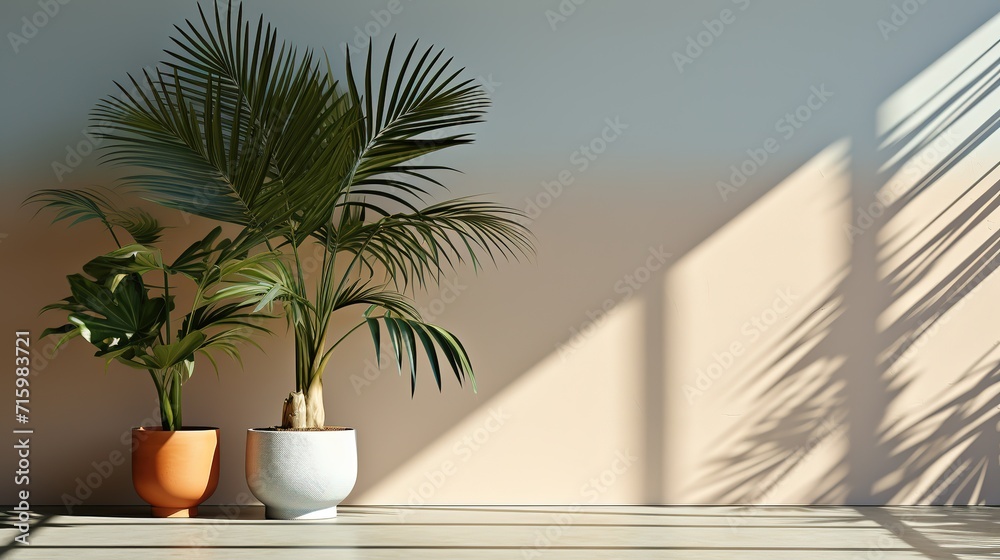 Two homemade palm trees in pots stand against the wall opposite the window in the sun, copy space for notes Two homemade palm trees in pots stand against the wall opposite the window in the sun, copy space for notes