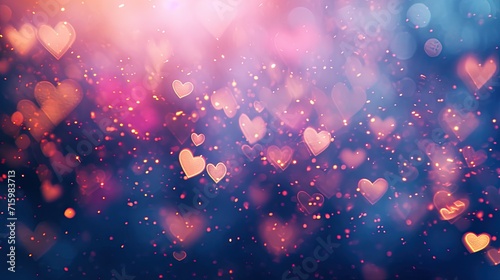 Vallentines day abstract with purple and pink bokeh background with colorful hearts